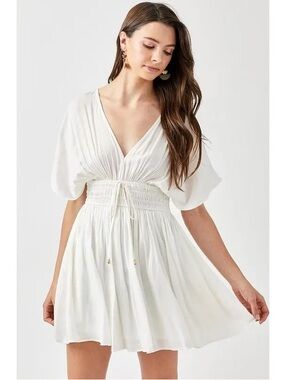 Mustard Seed White V-Neck Smocked Waist Mini Dress